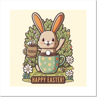 Happy Easter Cute Easter Bunny Floral Egg Hunting Coffee Lover Posters and Art